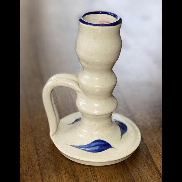 Williamsburg Pottery Candlestick Holder Salt Glazed Cobalt Blue Leaf Gray - Picture 9 of 9